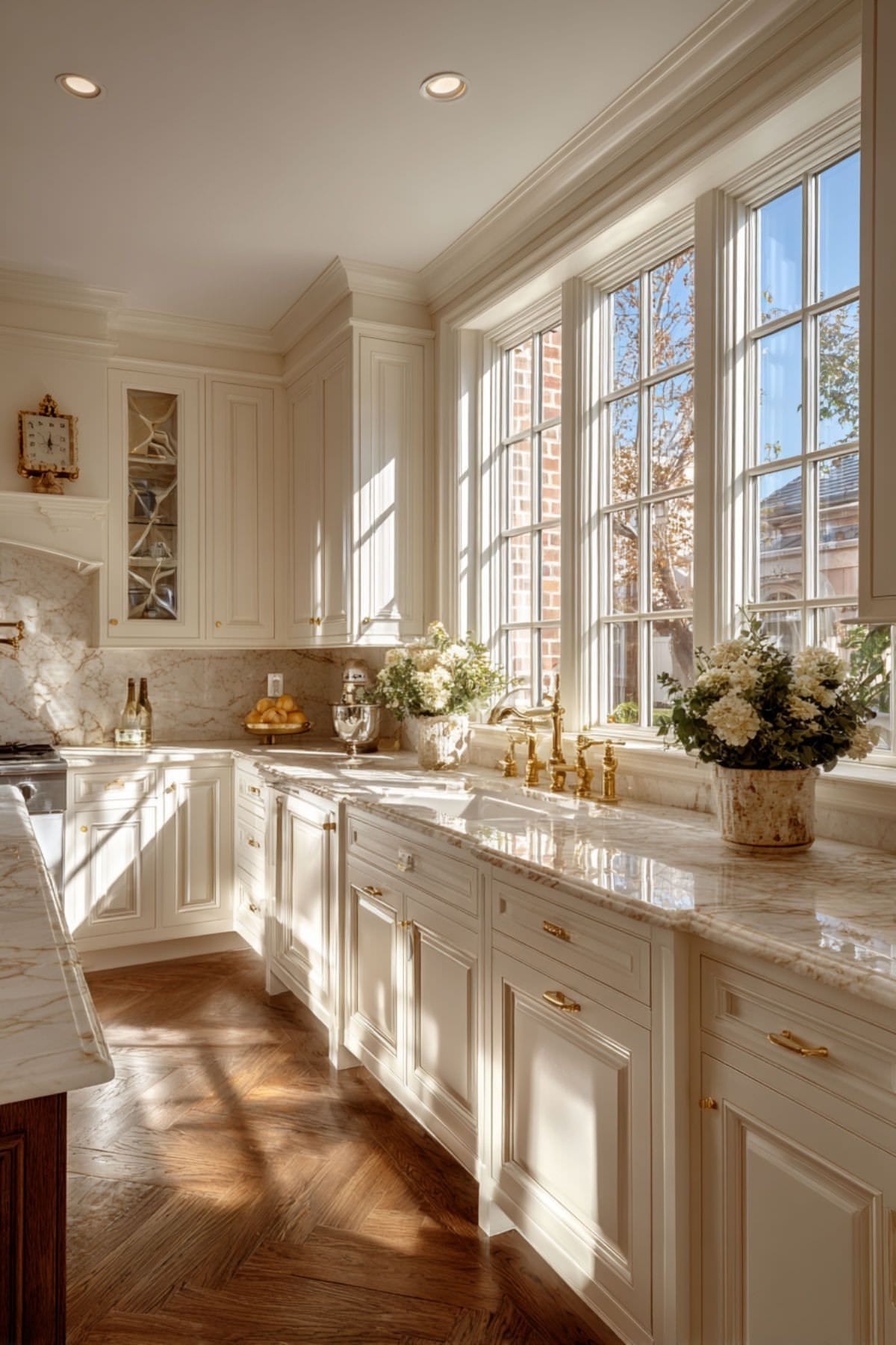 A sunlit kitchen with cream cabinetry, marble counters, brass fixtures, herringbone oak flooring, and tall windows over the sink.