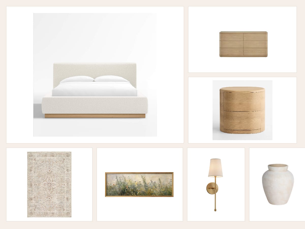 Furniture and finish board for the Wagner owner's suite: a low-profile boucle bed, natural oak nightstand and dresser, a patterned wool rug, a framed landscape, a brass sconce, and a white ceramic vase.