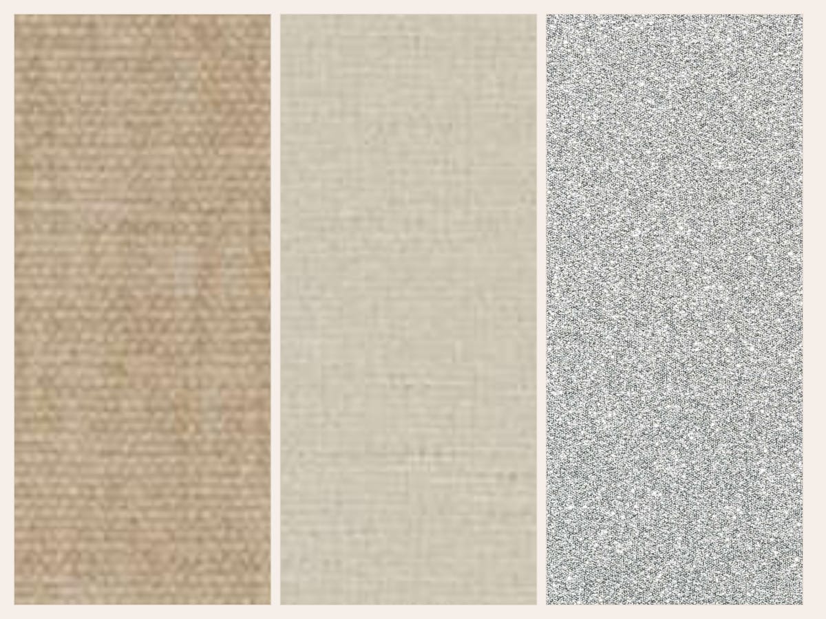 Three upholstery textile samples shown side by side: a warm tan basketweave, a flat oatmeal linen, and a grey and white speckled boucle.