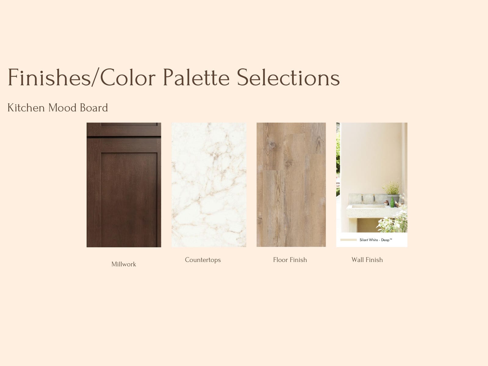 Kitchen finish palette board showing a dark stained millwork door sample, a white marble countertop with warm veining, light oak plank flooring, and a Silent White wall finish reference.