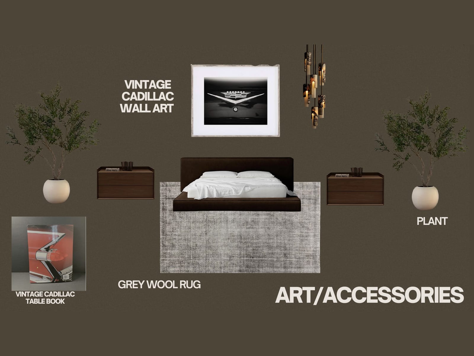 Art and accessories board for the Humphrey suite: a framed black and white vintage Cadillac photograph above a dark wood platform bed, flanked by walnut nightstands, olive trees in white planters, a grey wool rug, and an amber pendant cluster.
