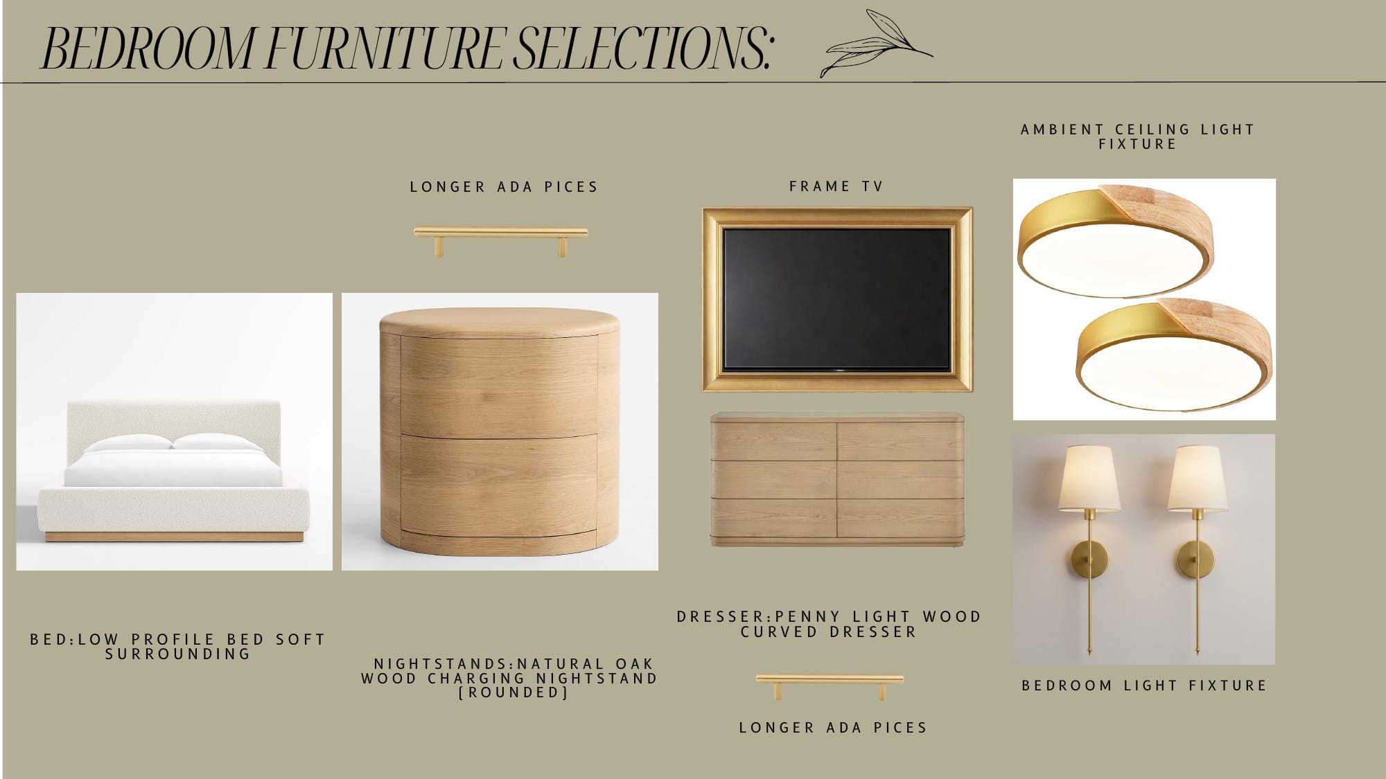 Bedroom furniture selections board for the Wagner suite against a sage ground: a low-profile boucle bed, a rounded natural oak charging nightstand, a light wood curved dresser, longer ADA pulls, a framed television, and brass ceiling and wall light fixtures.